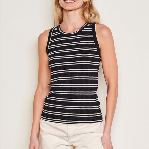 Sundry Variegated Rib Stripe High Crew Neck Tank Top Deep Navy Blue Size Large - Picture 1 of 10
